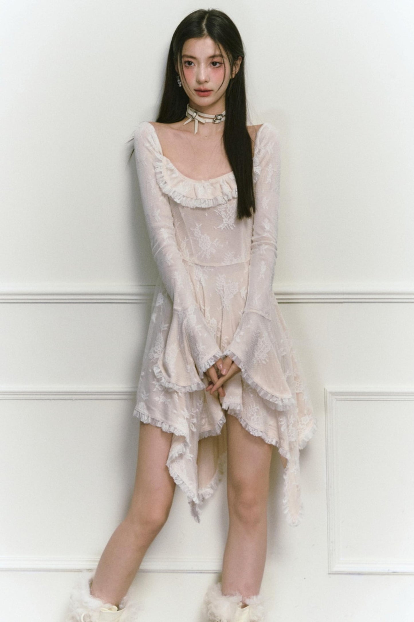 Square Neck Asymmetric Long Sleeve Dress