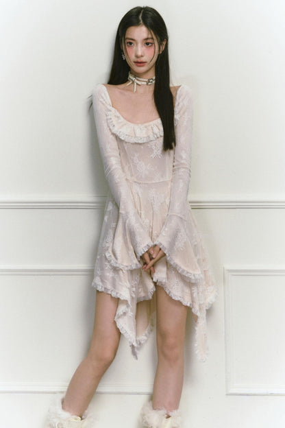 Square Neck Asymmetric Long Sleeve Dress