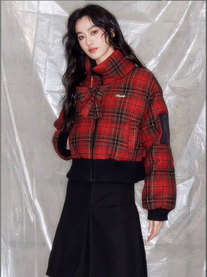 Red plaid two sides wear short cotton jacket