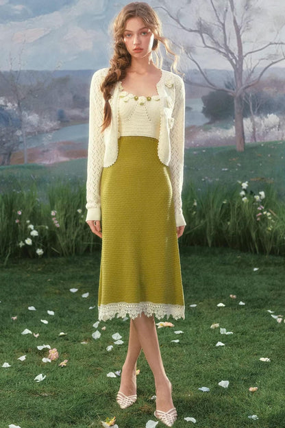 French Pastoral Knit Camisole Dress Set-Up
