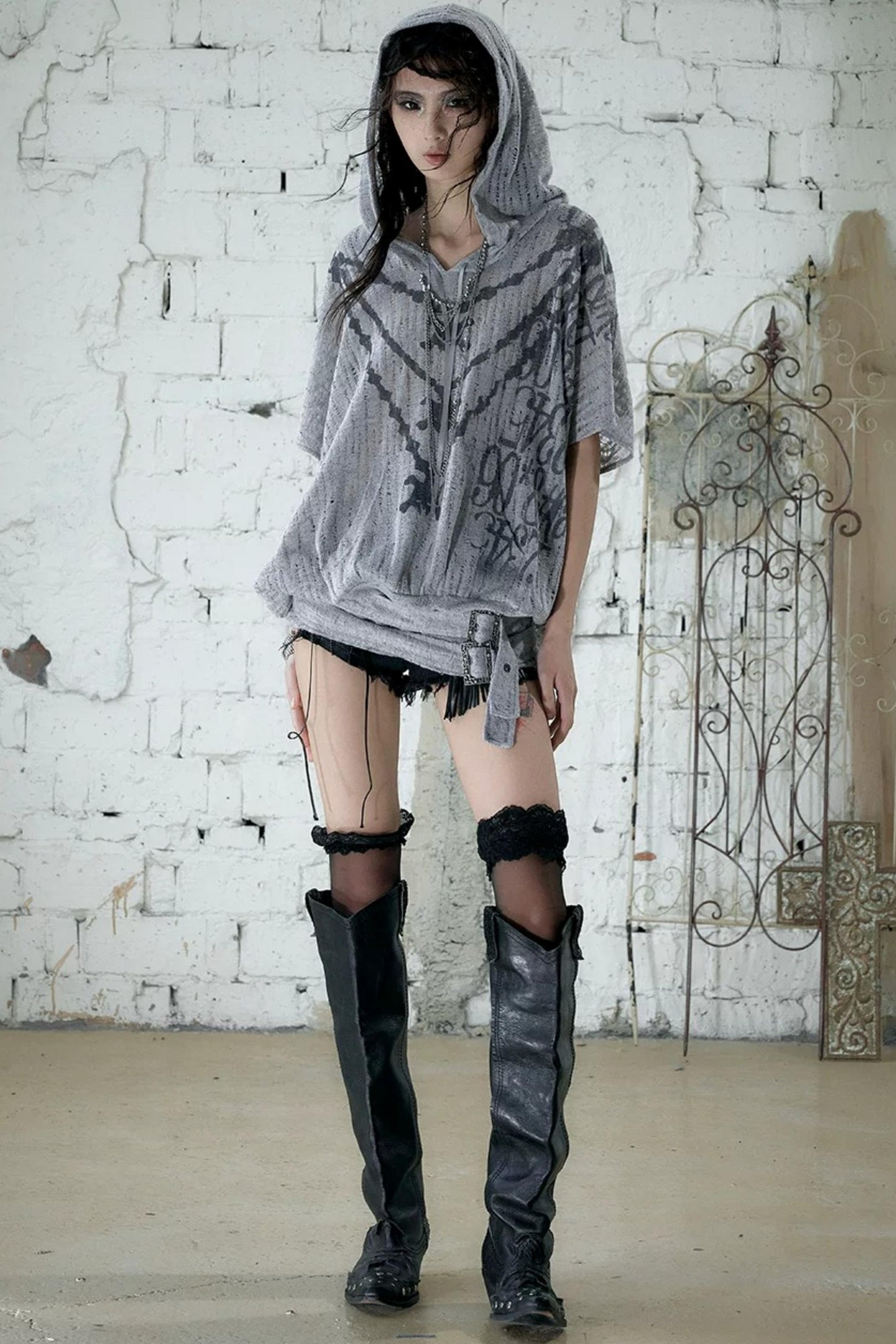 Punk Ripped Knit Hooded Blouse