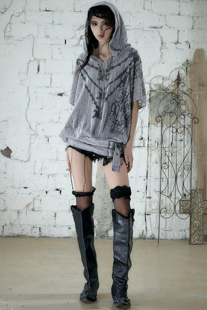 Punk Ripped Knit Hooded Blouse