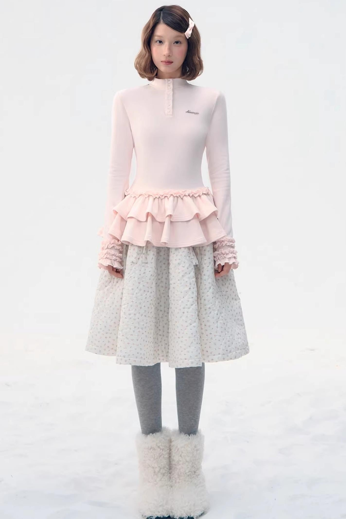 Six-Button Lace Hem Blouse Top