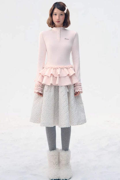 Six-Button Lace Hem Blouse Top