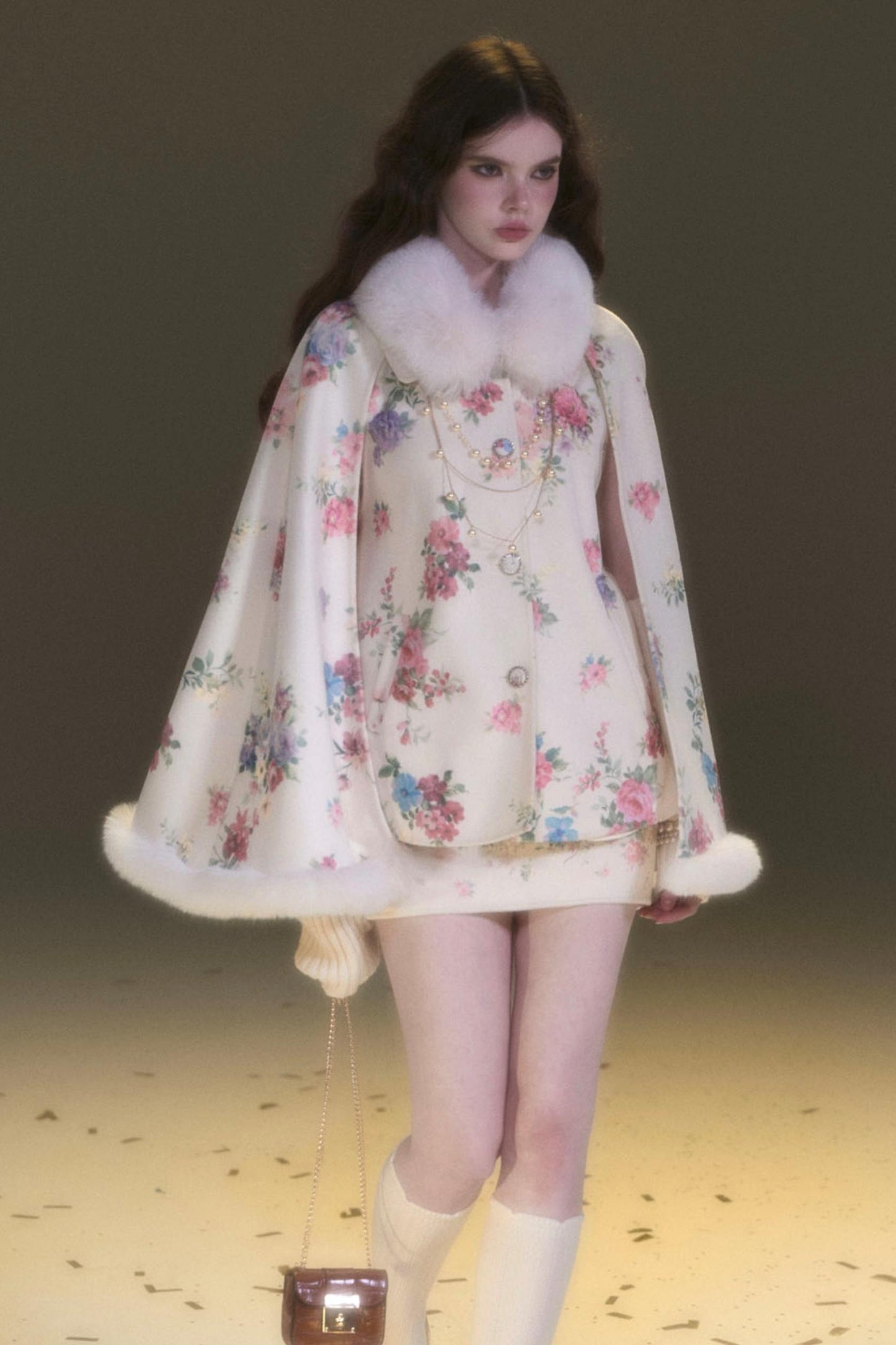 Vintage Flower Print Woolen Coat Set-Up