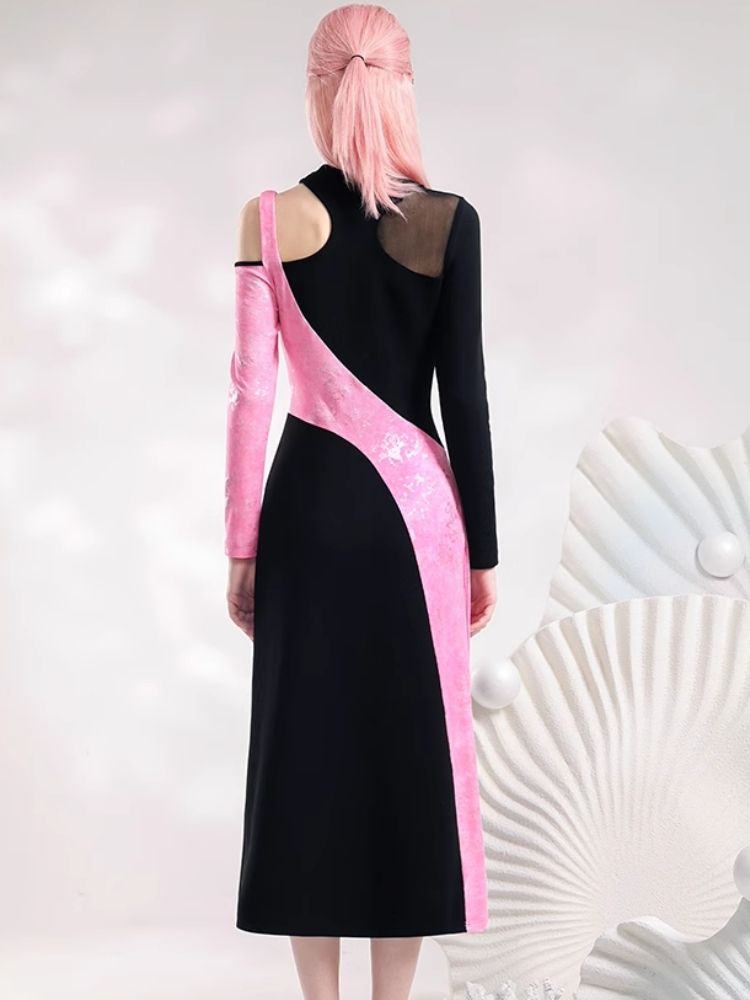 Black Pink Color Clash Long Dresses