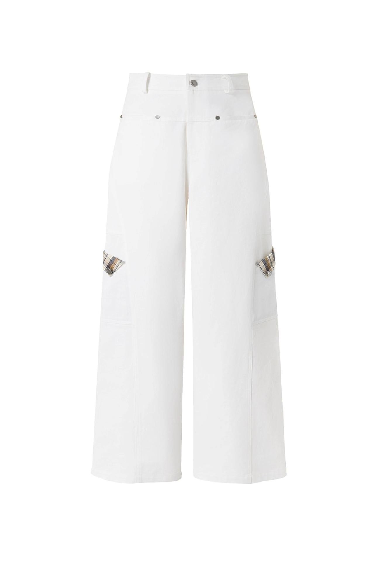White Plaid Wide-Leg Cargo Pants