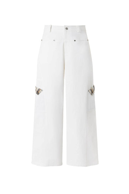 White Plaid Wide-Leg Cargo Pants