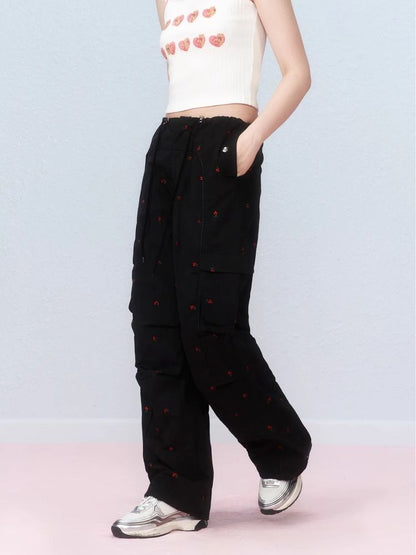 Small cherry embroidered work pants