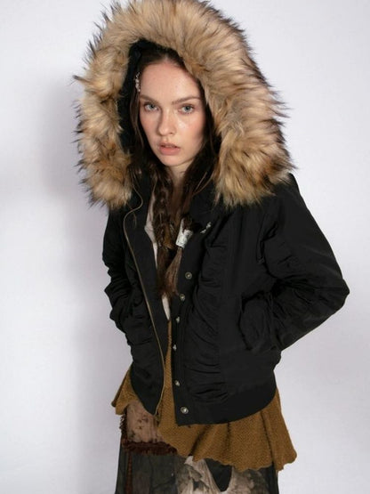 Hooded Large Fur Collar Short Parker Pilot Jacket