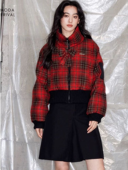 Red plaid two sides wear short cotton jacket