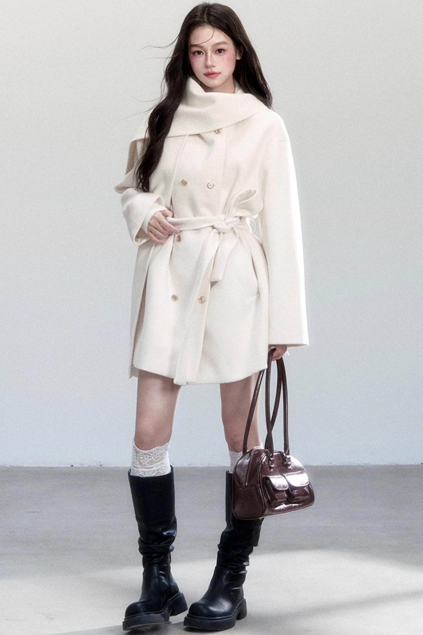 White Lace-Up Woolen Jacket