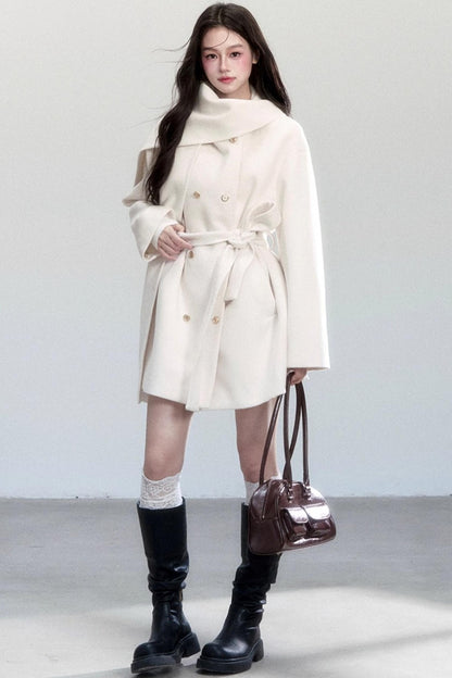 White Lace-Up Woolen Jacket