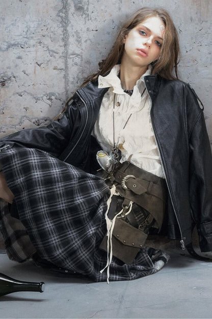 Leather Patchwork Fur Skirt  Belt