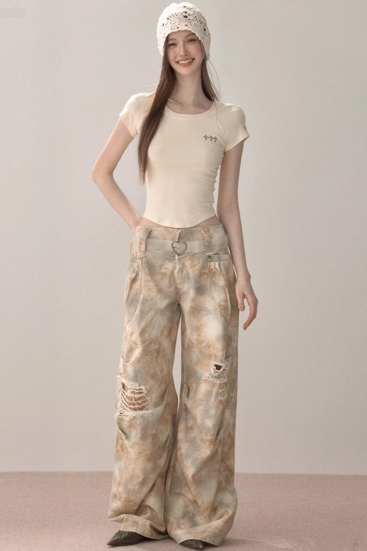 Gradient Wide-Leg Ripped Pants