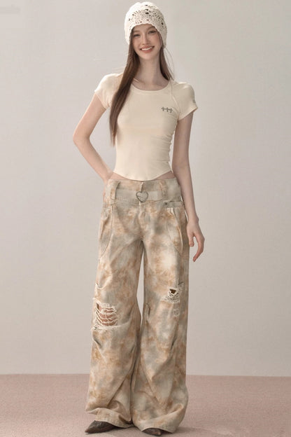 Gradient Wide-Leg Ripped Pants