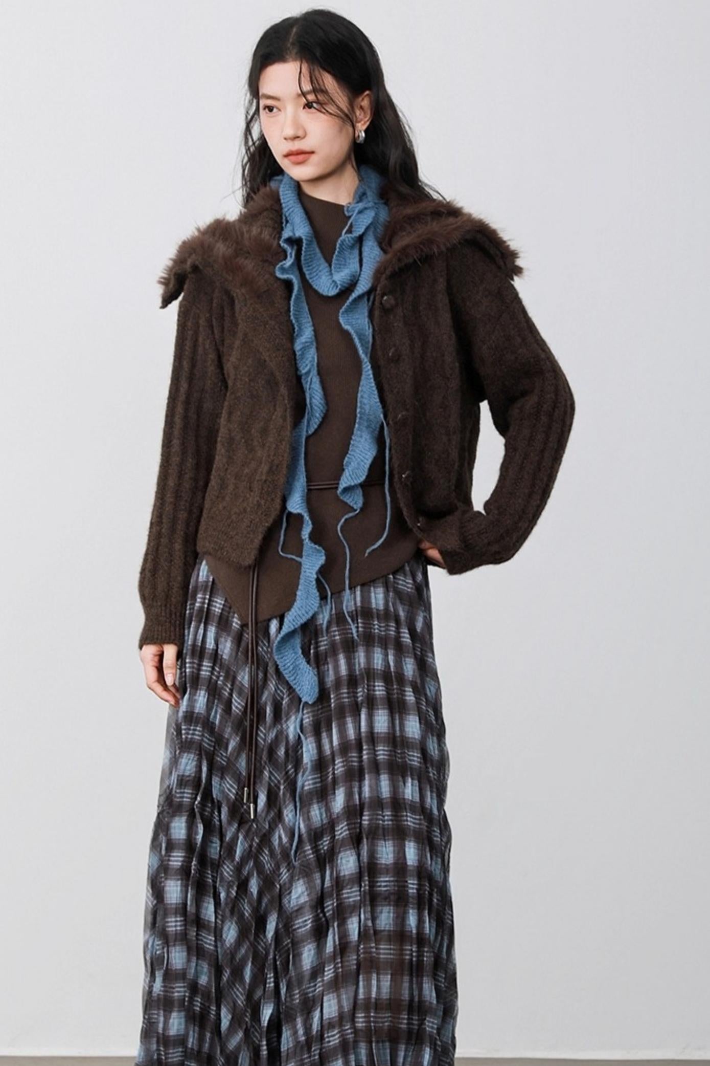 Caramel Brown Fur Collar Cardigan
