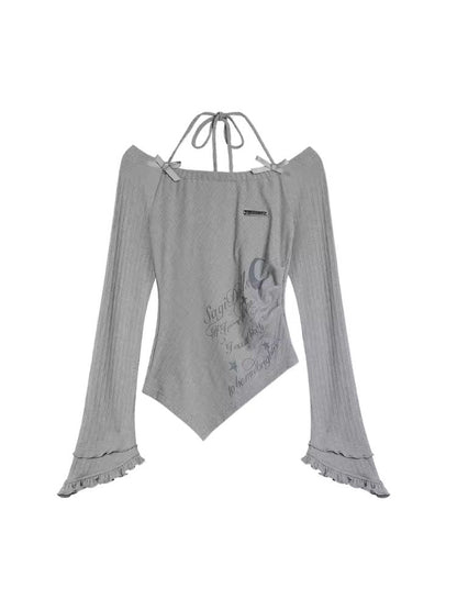 Hanging Neck Gray Print Irregular Hem T-Shirt