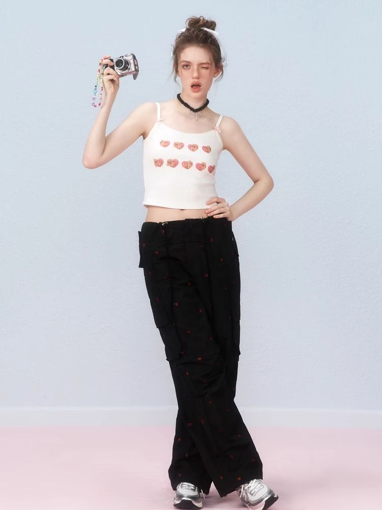 Small cherry embroidered work pants