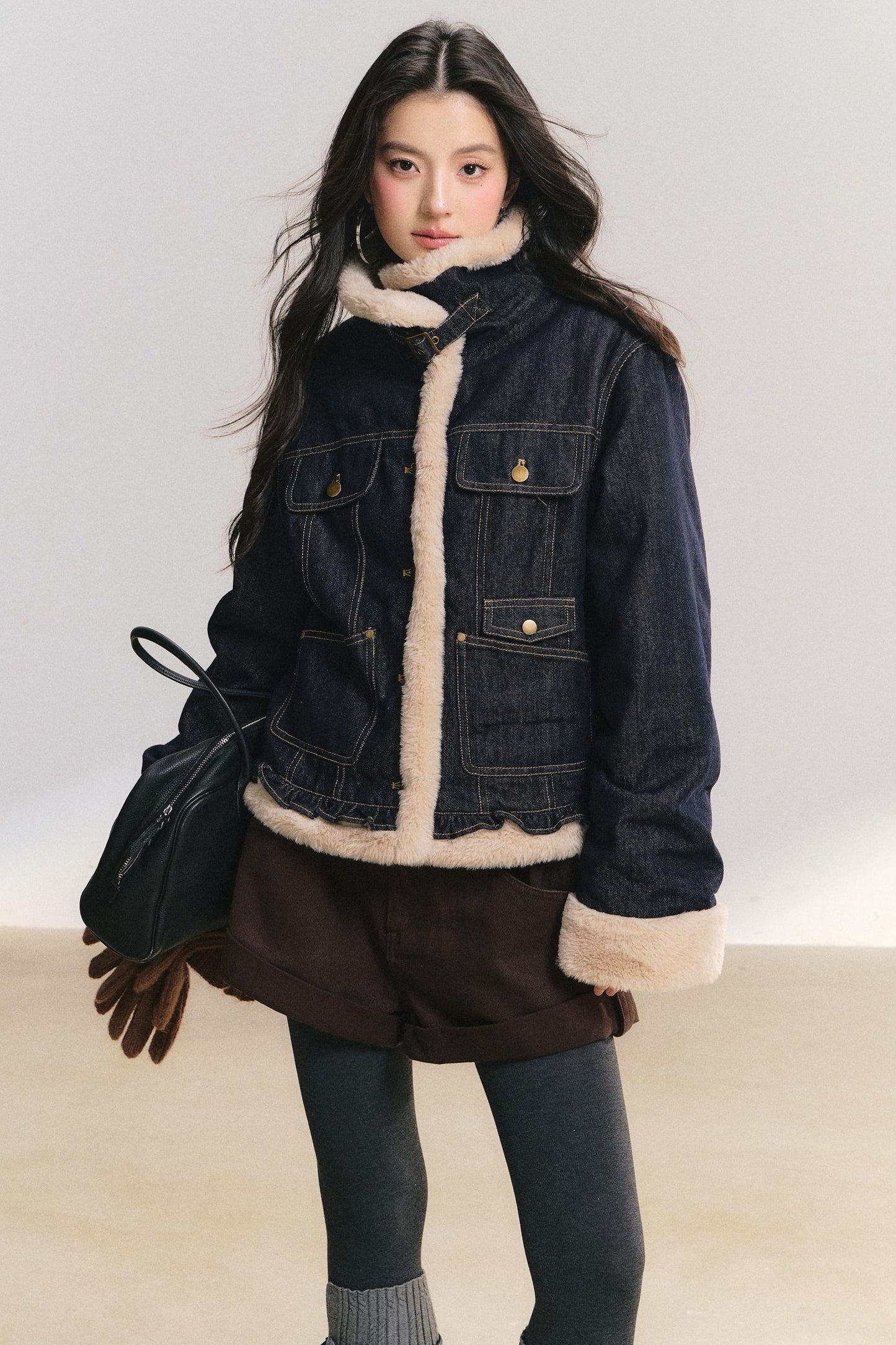 Denim Lace Trim Fur Coat