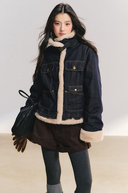 Denim Lace Trim Fur Coat