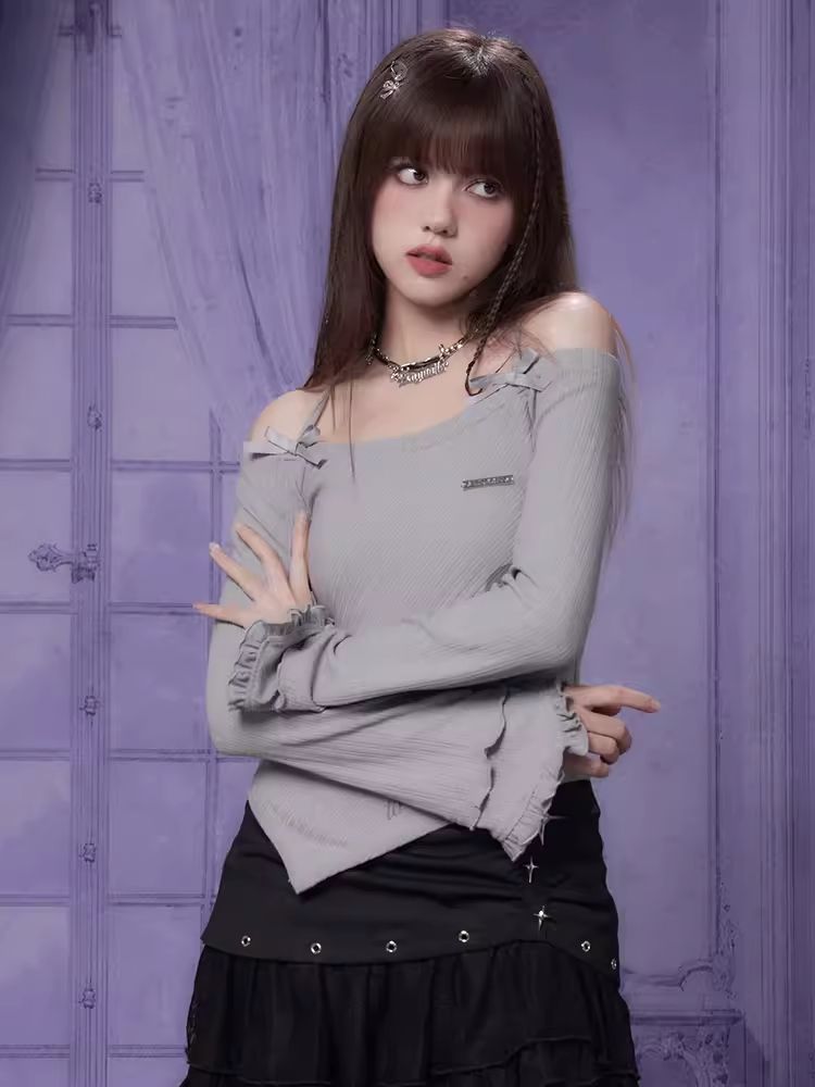 Hanging Neck Gray Print Irregular Hem T-Shirt