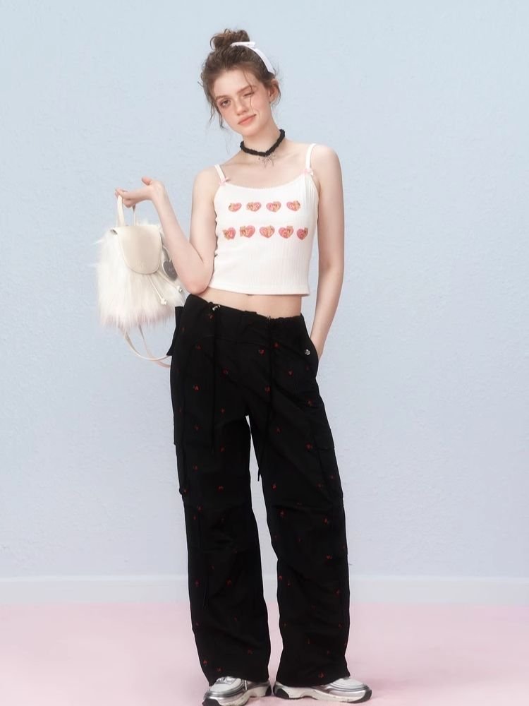 Small cherry embroidered work pants