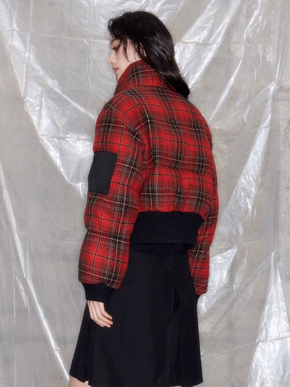 Red plaid two sides wear short cotton jacket