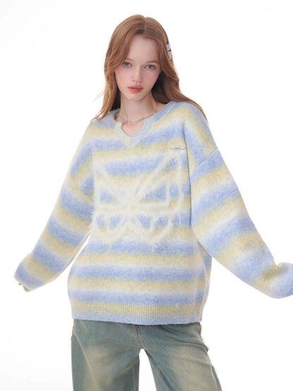 Striped Hairy Butterfly Thick Sweater