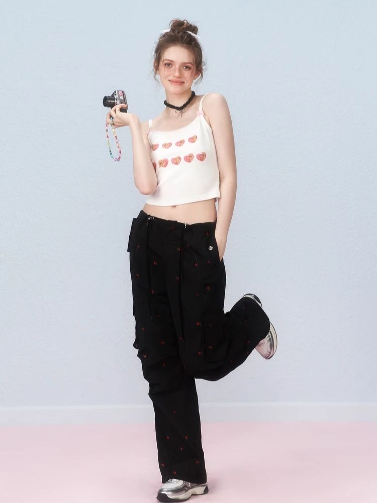 Small cherry embroidered work pants