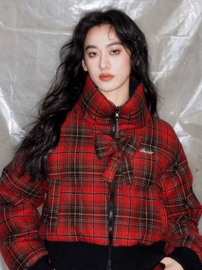 Red plaid two sides wear short cotton jacket