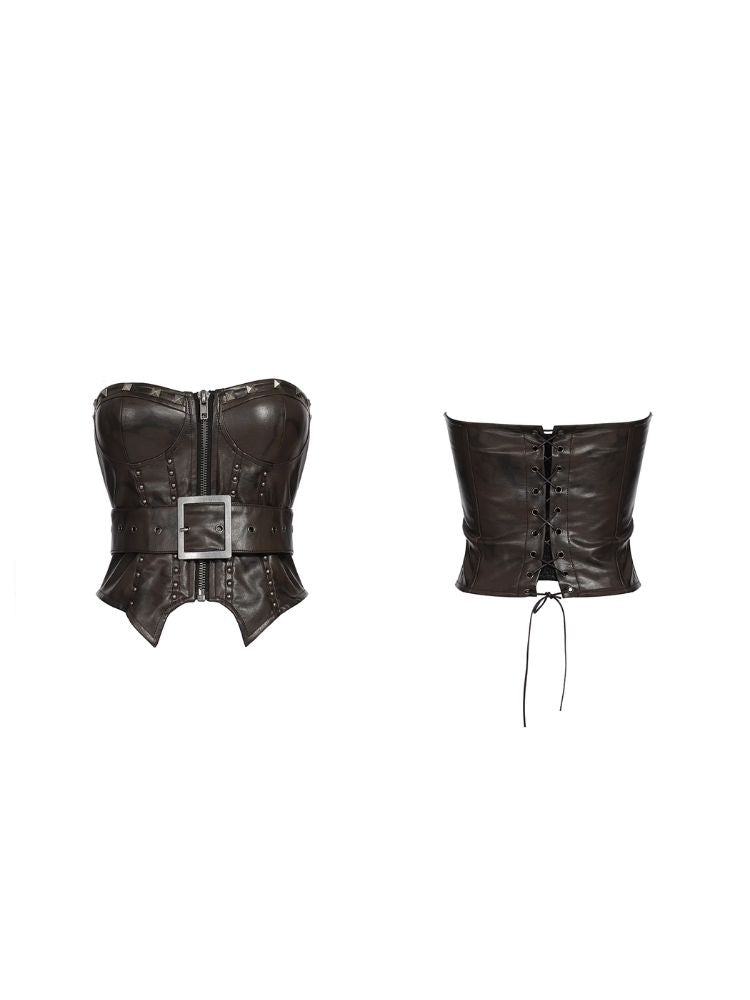 Zipper metal rivets leather bustier