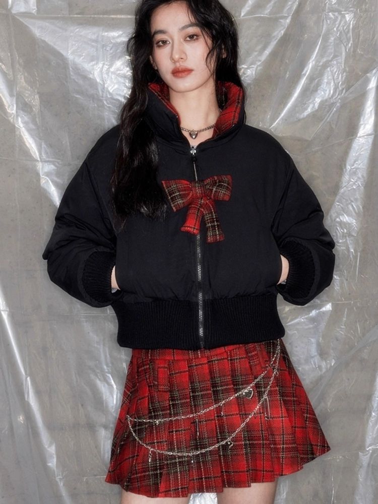 Red plaid two sides wear short cotton jacket