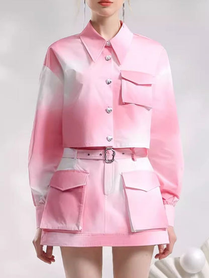 Gradient Pink Printed Pocket Short Jacket