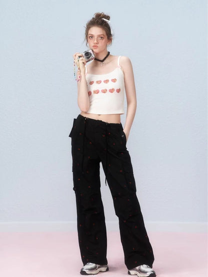 Small cherry embroidered work pants