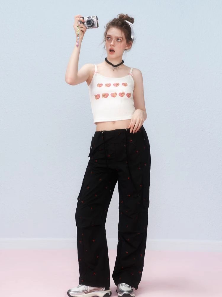 Small cherry embroidered work pants