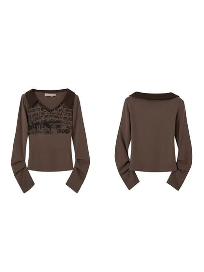 Graffiti Print Brown Knit V-Neck Tee