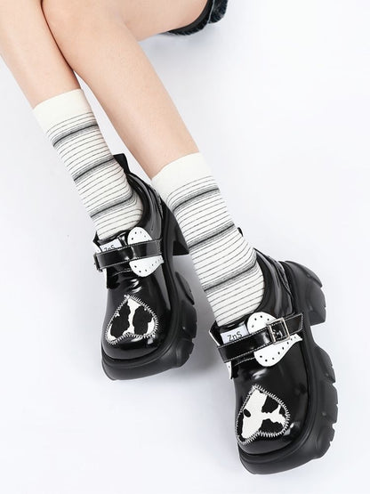 Stitch heart cow pattern thick-soled shoes