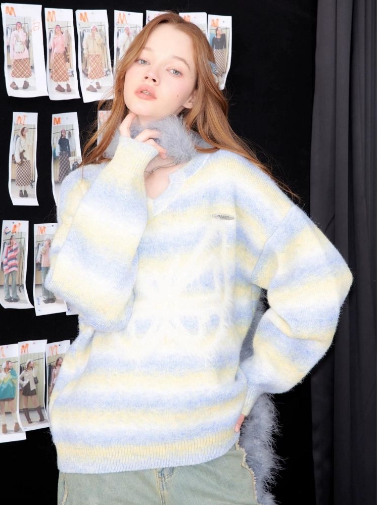 Striped Hairy Butterfly Thick Sweater