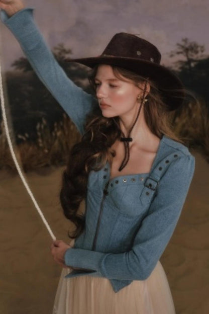 Denim Slim-Fit Jacket Skirt Set-Up