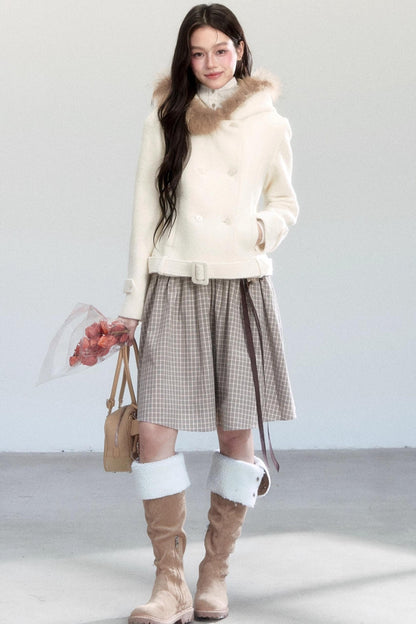 Fur Collar Slim Tweed Coat