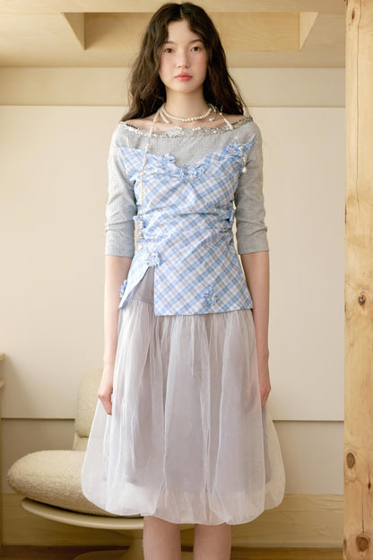 Gray Blue Plaid Knit Top