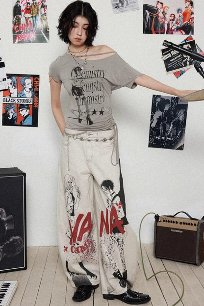 Printed Denim Scimitar Pants