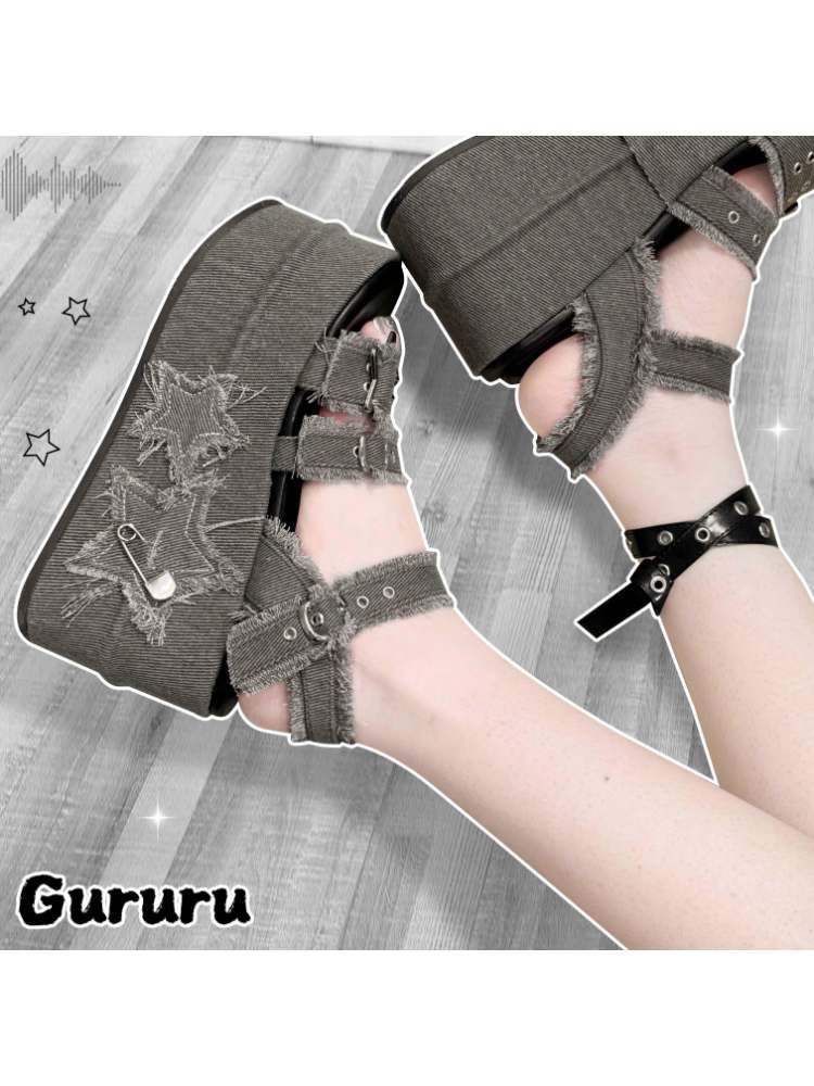 Y2K Punk Star Denim Eyelet Belt Super Thick Sole Sandals