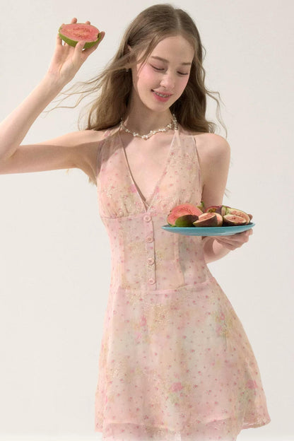 Sweet Pink Floral Chiffon Dress