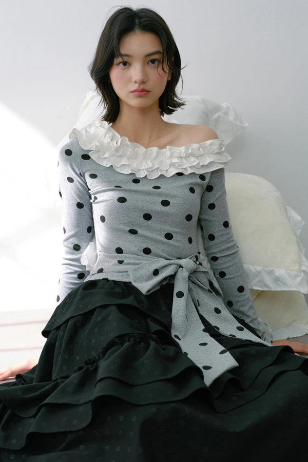 Slanted Polka Dot Long-Sleeved T-Shirt