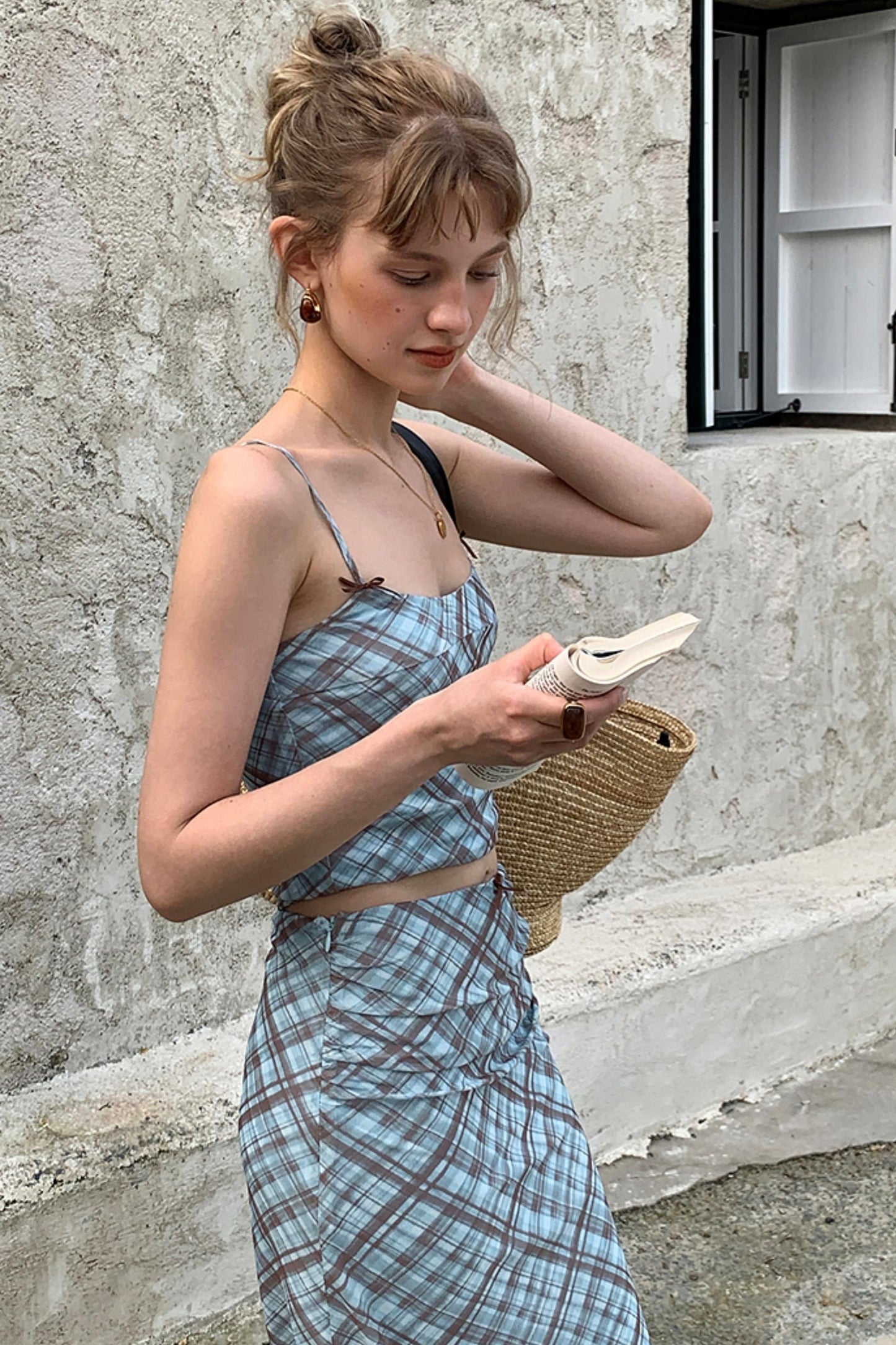 Vintage Checked Camisole Maxi Skirt Set-Up