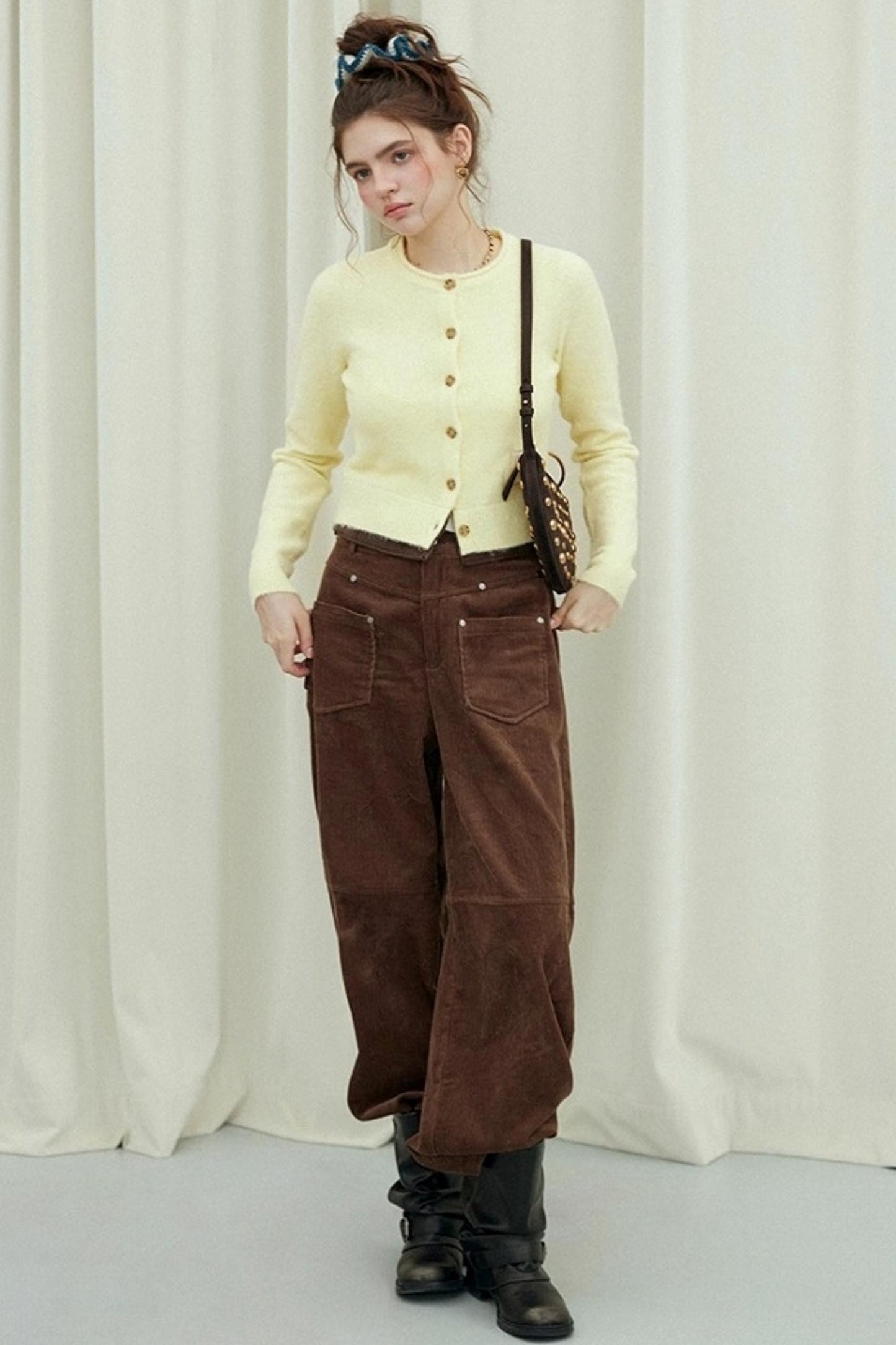 Monogram Patch Crew Neck Fleece Cardigan