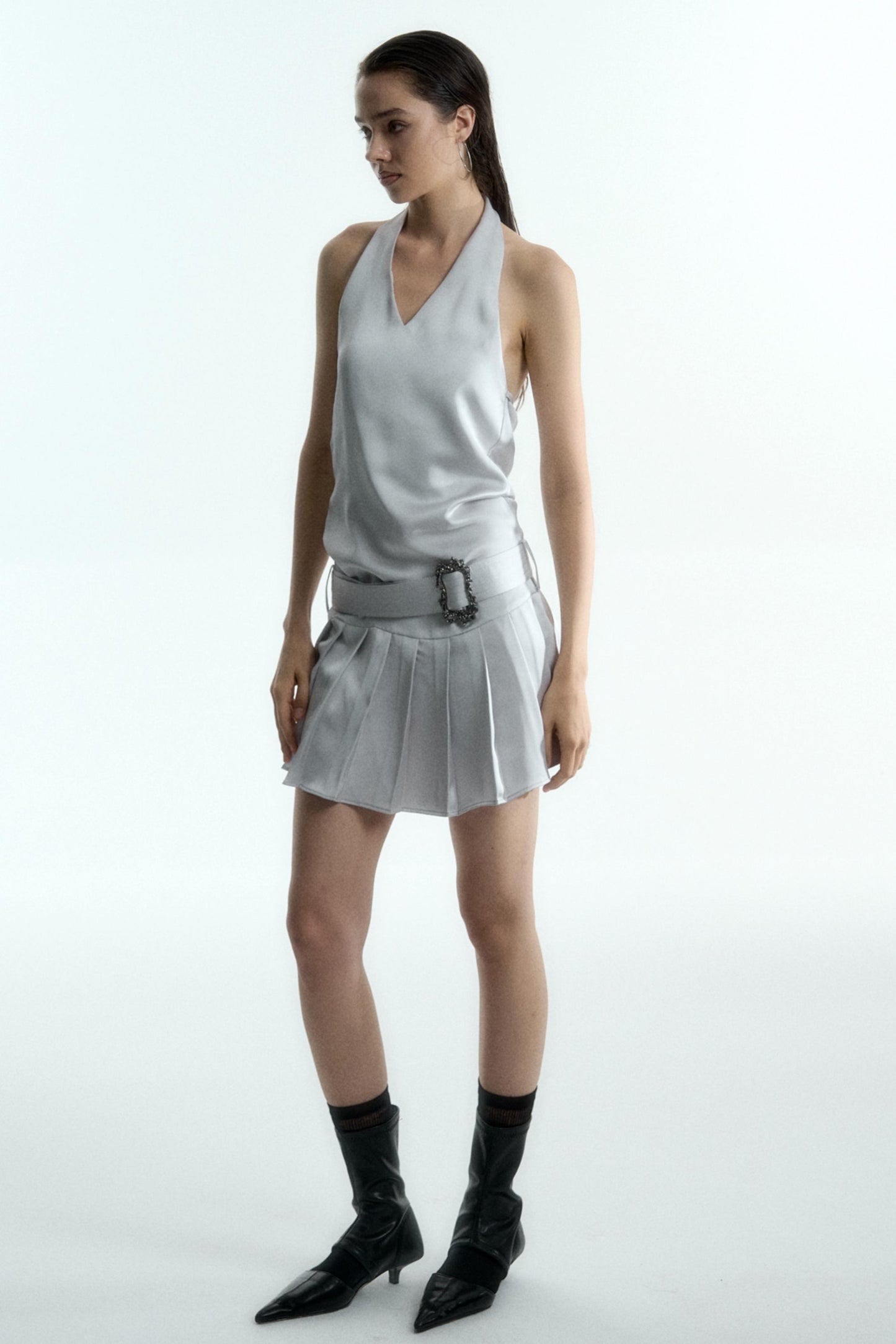 Backless V-Neck Belted Dress