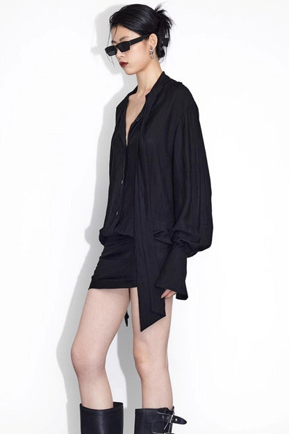 Streamer Black Drape Shirt Dress